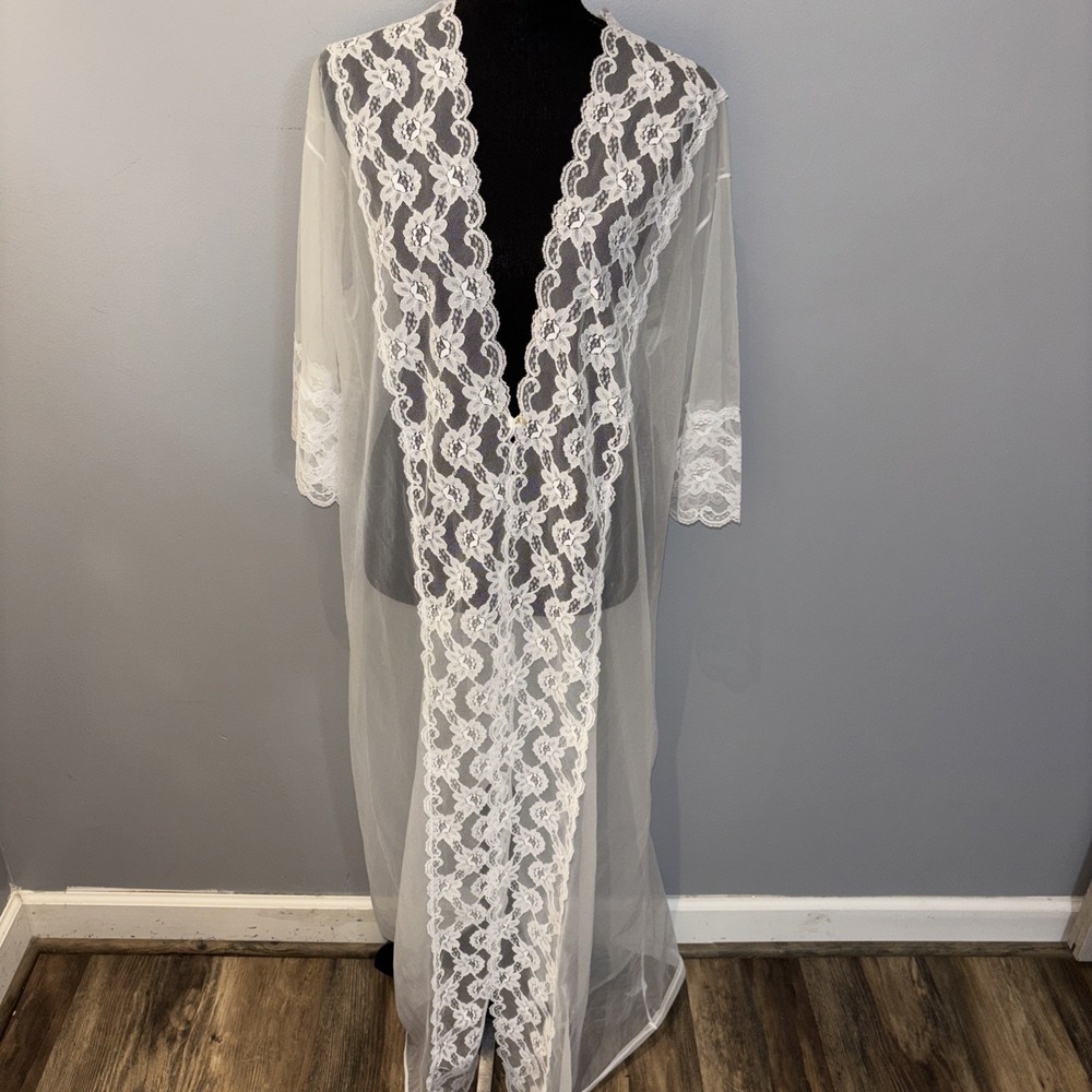 Vintage Sears Long White Lace Robe Sheer Nylon Romantic Wedding  USA Made Size M